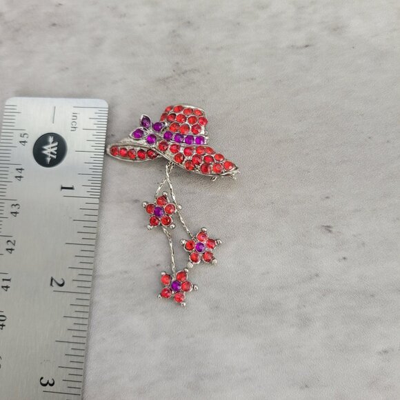 Vintage Red Hat Purple Bow Rhinestone Brooch Silver Tone Floral Dangle Pin Jewel - Picture 3 of 7
